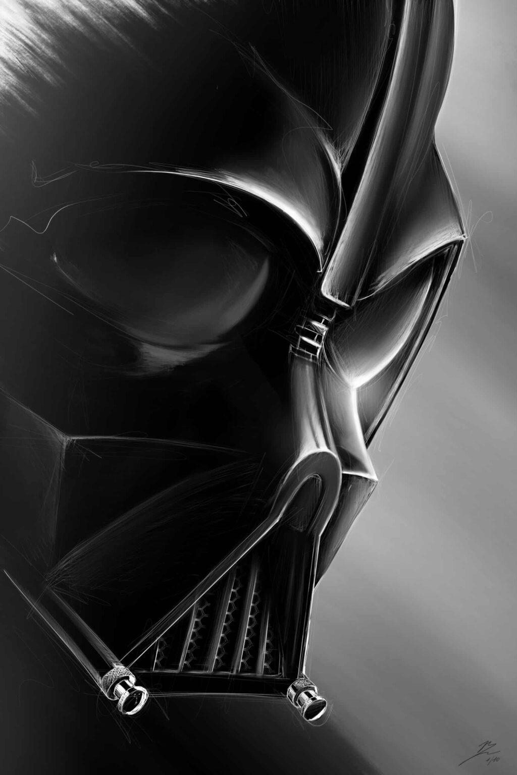 Masque de Dark Vador en gros plan, noir poli aux reflets nets, fond gris.