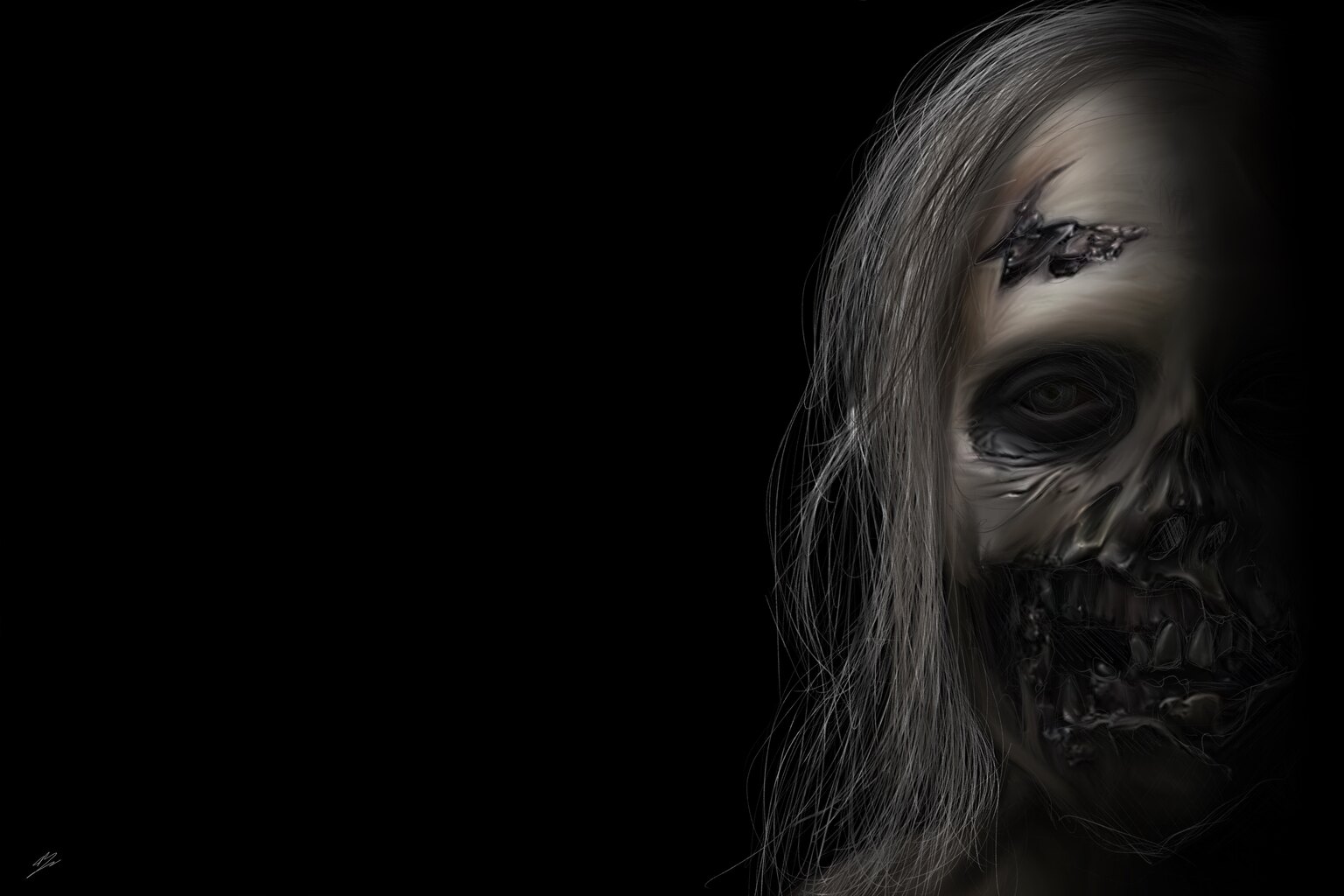 Rôdeur de Walking Dead au bord droit, cheveux longs, œil vide, mâchoire à nu, fond noir.