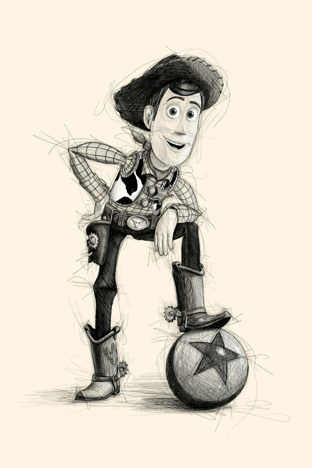 Woody de Toy Story en croquis, main sur la hanche, botte sur le ballon Pixar.
