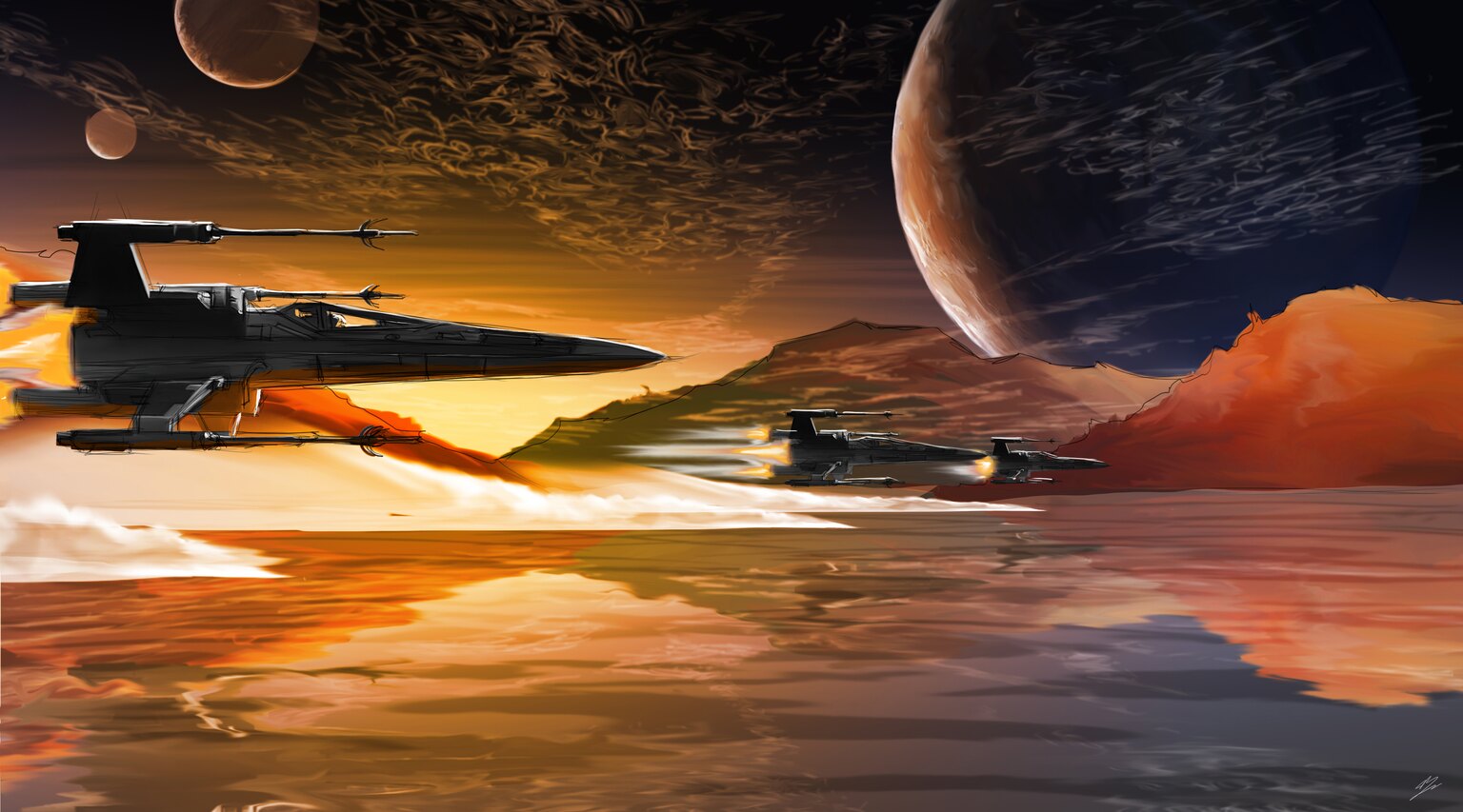 Trois chasseurs X-wing en rase-mottes sur une mer orange au couchant, trois lunes.